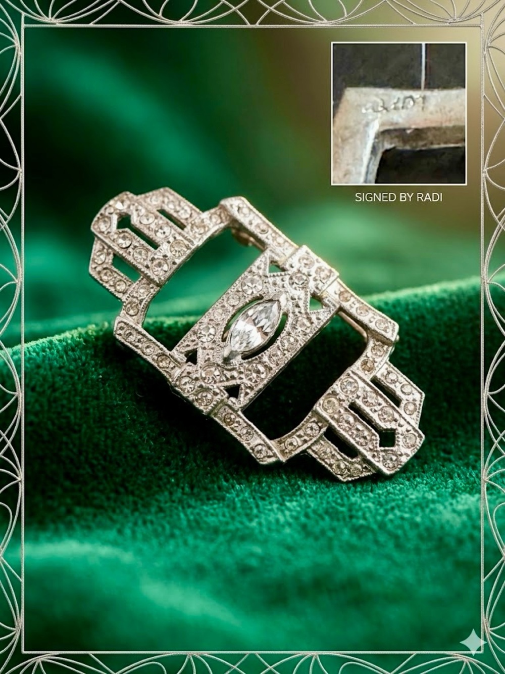 Rare Signed RADI Art Deco Rhinestone Brooch 1920s Geometric Pot Metal Marquise